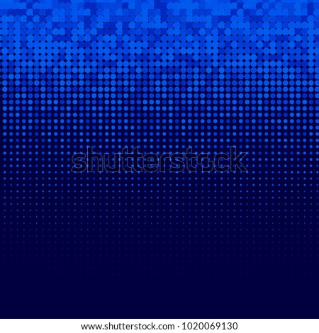 Blue halftone dots. Colorful geometric gradient for pop art designs. Geometric vintage monochrome fade wallpaper. Pop art print. Dotted geometric retro pattern. Comic halftone background.
