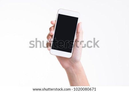 hand holding a phone with blank screen isolate on white background