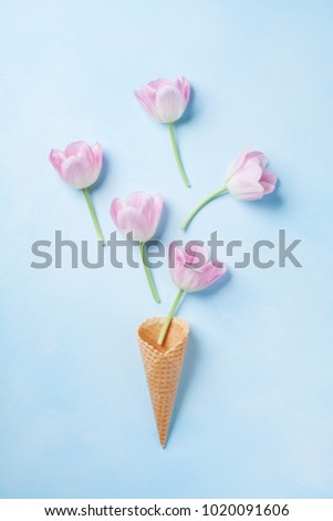 Waffle cone with flying pink tulips on pastel blue background top view. Flat lay style.
