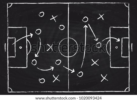 Soccer game tactical scheme with football players and strategy arrows. Vector chalk graphic on black board Royalty-Free Stock Photo #1020093424