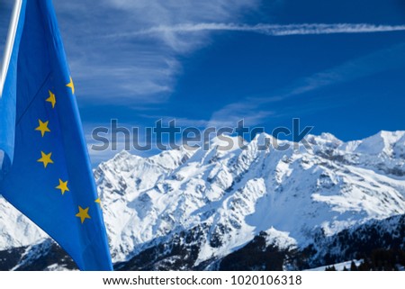 European flag with Mont Blanc in the background. View from Les Contamines, Italy. 