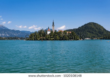 Lake Bled with St. Mary's Church on small island in a summer day, Slovenia