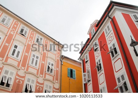 Beautiful colorful buildings in picturesque city  of Piran, Southwestrrn Slovenia, Balkan, Adriatic sea.