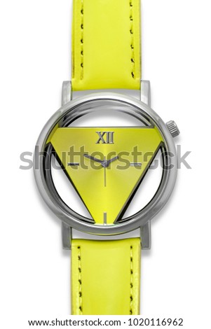 Stylish original chromium-plated metal women's wristwatch with yellow triangular dial and leather stitched wristlet isolated on white background, logos removed. Available space for logo and text