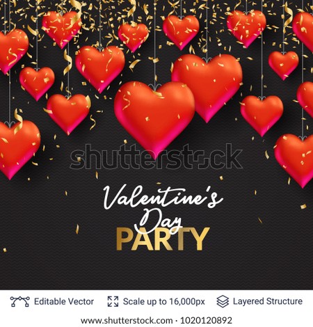 Red 3D hearts and greeting text. Easy to edit vector background. Holiday card design.