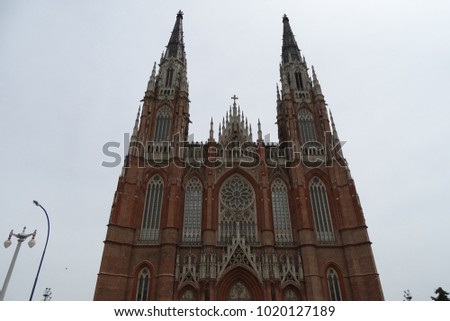 La Plata cathedral outdoors view with grey sky, Argentina