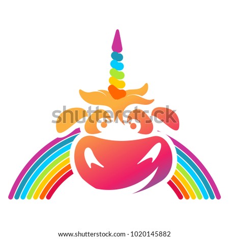 Funny unicorn face graphic logo template. Full color catroon unicorn head and rainbow logo design for web, advertisements, brochures, business templates. Vector illustration on white background.
