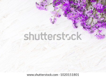 Beautiful Spring Floral background with copy space. Arrangement of lilac flowers on white grunge wood background. Top view. Web banner or greeting card for celebration mothers day, birthday, Easter