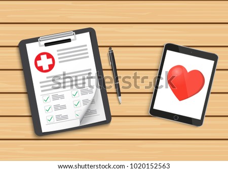 Clipboard with medical cross and tablet on table. Clinical record, prescription, claim, medical check marks report, health insurance concepts. illustrator Vector.