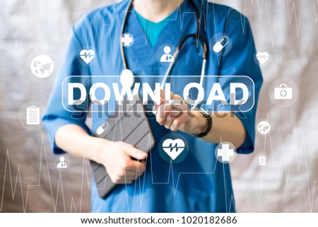 Doctor pushing button download healthcare network on virtual panel medicine