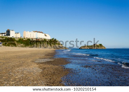 UK, Wales, Pembrokeshire, vibrant blue sky and sea in winter sunshine on an empty North Beach, Tenby