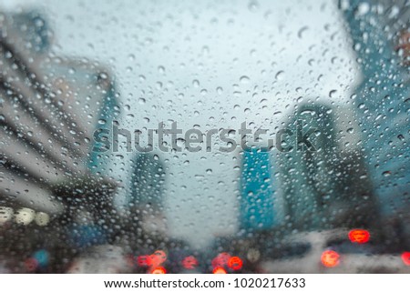 water drops rain on mirror car background city