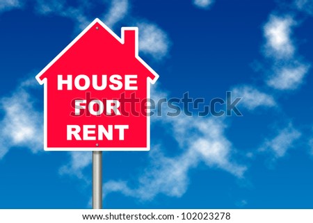 Red House for Rent notice board traffic sign over blue sky background