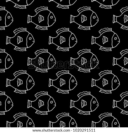 Sweet cartoon fish pattern with hand drawn funny fish. Cute vector black and white fish pattern. Seamless monochrome fish pattern for fabric, wallpapers, wrapping paper, cards and web backgrounds.