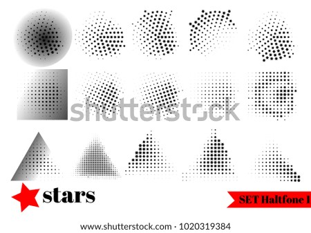 Abstract halftone effect with stars. Set dotted black texture. Circle in background shape radial, rectangle
triangle. White and black grange vector illustration.
