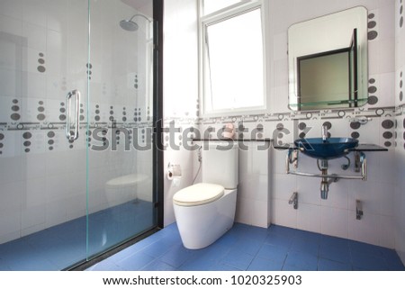 Luxury bathroom features basin, toilet bowl and bathtub