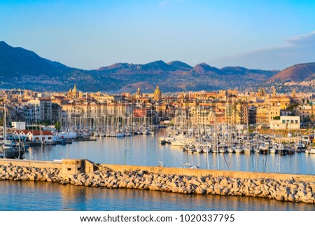 Sunrise at the Mediterranian sea and port at Palermo old city, Sicily, Italy Royalty-Free Stock Photo #1020337795