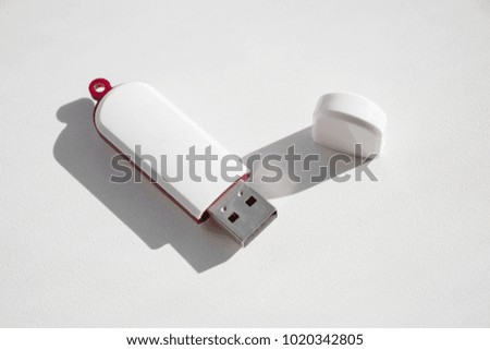 Disk usb drive for storing files, white with a red border