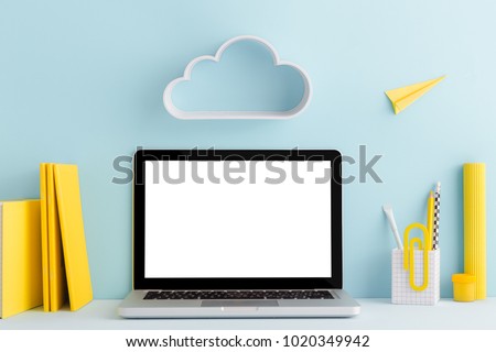 Mock up laptop, notebook on young student desk. Back to school mock up.

 Royalty-Free Stock Photo #1020349942