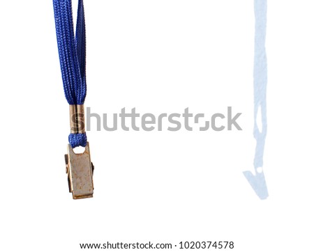 Close up of  blue neck strap no badge , rusty clip with shadow ,isolated on white background.