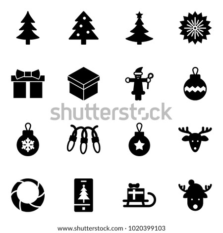 Solid vector icon set - christmas tree vector, firework, gift, santa claus, ball, garland, deer, wreath, mobile, sleigh, hat