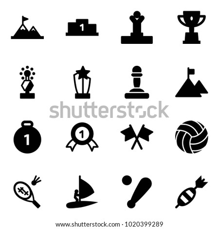 Solid vector icon set - attainment vector, pedestal, winner, win cup, award, pawn, mountain, gold medal, flags cross, volleyball, badminton, windsurfing, baseball bat, dart