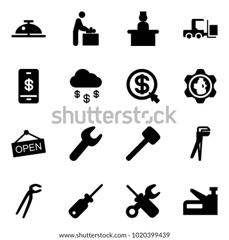 Solid vector icon set - client bell vector, baby room, recieptionist, fork loader, mobile payment, money rain, click, gear globe, open, wrench, rubber hammer, plumber, screwdriver, stapler
