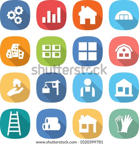flat vector icon set - gear vector, graph, home, hangare, modern architecture, panel house, window, real estate, loading, workman, ladder, pipes, gloves
