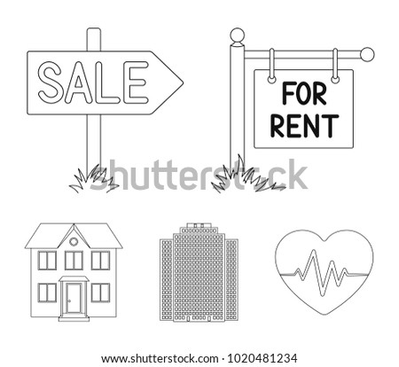Signs of sale and rent, a skyscraper, a two-story cottage.Realtor set collection icons in outline style vector symbol stock illustration web.