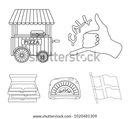 Order pizza gesture, box for pizza, oven, trailer. Pizza and pizzeria set collection icons in outline style vector symbol stock illustration web.