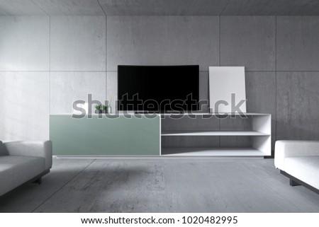 3D : illustration of portrait of television on wooden shelf in living room zone of the house. chill out with family at living room concept background. light effect added. clipping path included screen