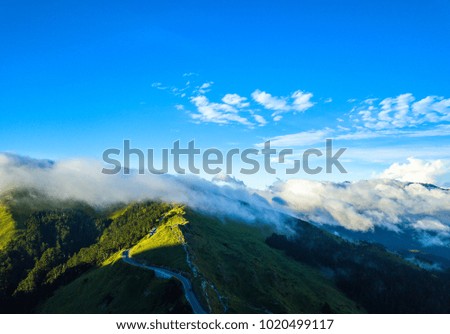 Aerial view Hehuanshan mountain. Beautiful clouds and sky in the mountain at altitude of 3,700 meters in Taiwan.