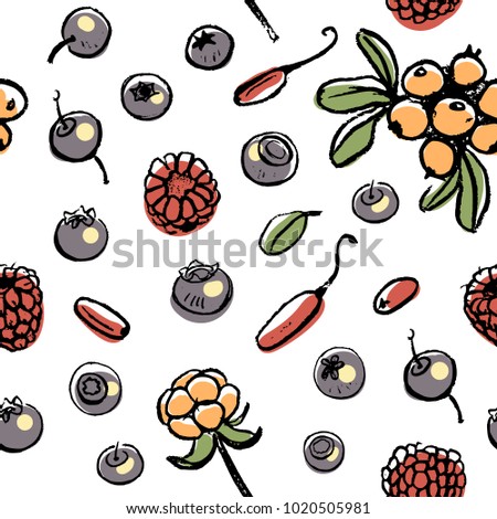 Fruits and berries seamless pattern in sketchy style on white background/ Doodle fruits and berries/ Hand drawn vector illustration