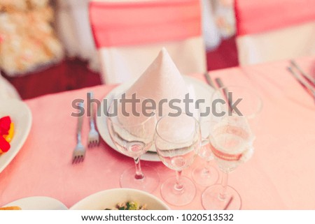 Napkin on a plate on the background of the snacks. Decorated the table. Banquet table decorated with flowers, napkins, glasses, candles and pink ribbons. Stylishly toned photo