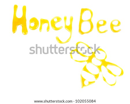 Word honey bee and picture of a bee made of honey, isolated on white