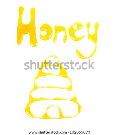Word honey and picture of a bee hive made of honey, isolated on white