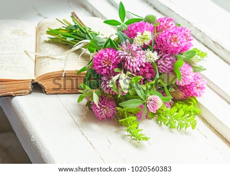 Bouquet of clover and old book on the window.