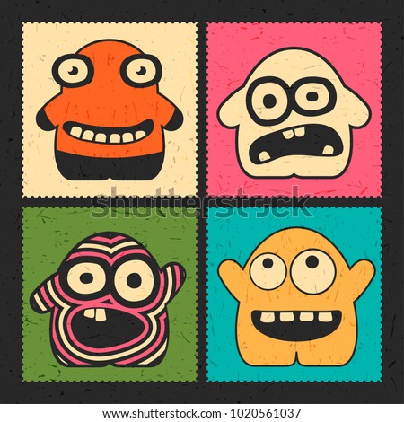 Set of four funny monsters with different emotions on grunge color background. Postage stamp`s with cute colorful robots. cartoon illustration 

