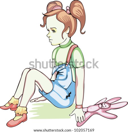 Sitting sad girl with pink rabbit toy. Vinyl-ready EPS Illustration.
