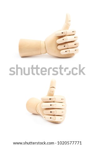 Wooden hinge joint model of hand as a drawing reference, composition isolated over the white background , set of several different foreshortenings