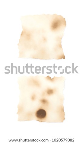 Burnt paper sheet isolated over the white background , set of several different foreshortenings
