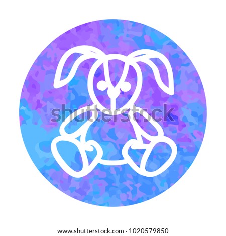 Hand drawn outline icon of soft toy rabbit isolated on round watercolor background