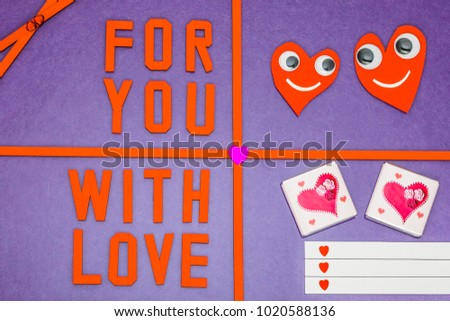 Greeting card "Hearts with eyes + For You with love" on colored background