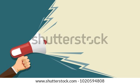 Man holds a loudspeaker in hand. Marketing and advertising. Democracy and elections. Stock vector illustration in flat graphics style. Royalty-Free Stock Photo #1020594808
