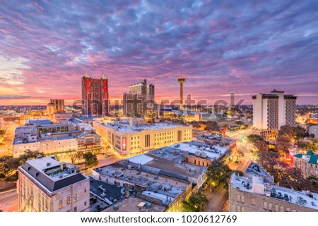 San Antonio, Texas, USA downtown city skyline at dusk.