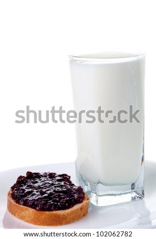 glass of milk and white loaf with raspberry jam
