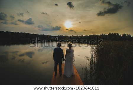 Wedding couple stands and looks at each other in the sunset. Twilight over the lake. White dress and bridal veil with lace. Hands together love in summer. Reed water and clouds. Evening landscape.