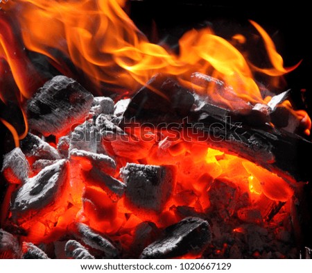 Closeup of charcoal burning with fire flames.Burning charcoal texture