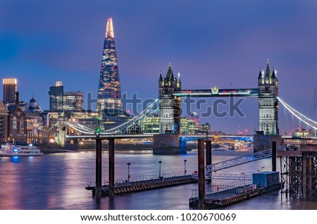 City skyline at sunset with London Tower Bridge and the Shard on Thames river in England Royalty-Free Stock Photo #1020670069