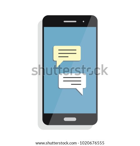Black smartphone with chatting screen. Messenger application. Text messaging flat design concept